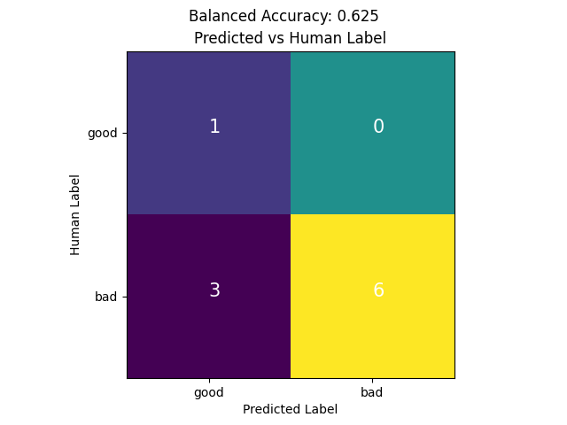 Balanced Accuracy: 0.625, Predicted vs Human Label